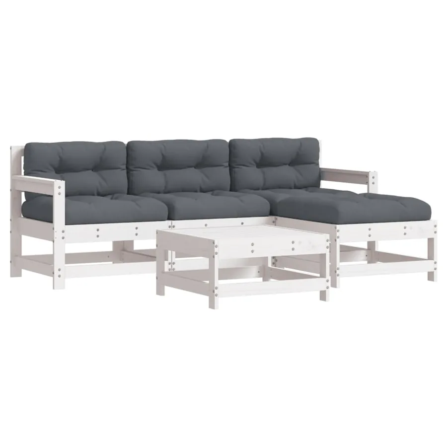Salon de jardin 5 pcs avec coussins blanc bois massif - 2
