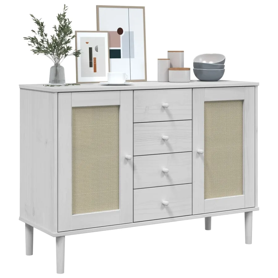 Buffet SENJA aspect rotin blanc 112x40x80cm bois massif de pin - 3