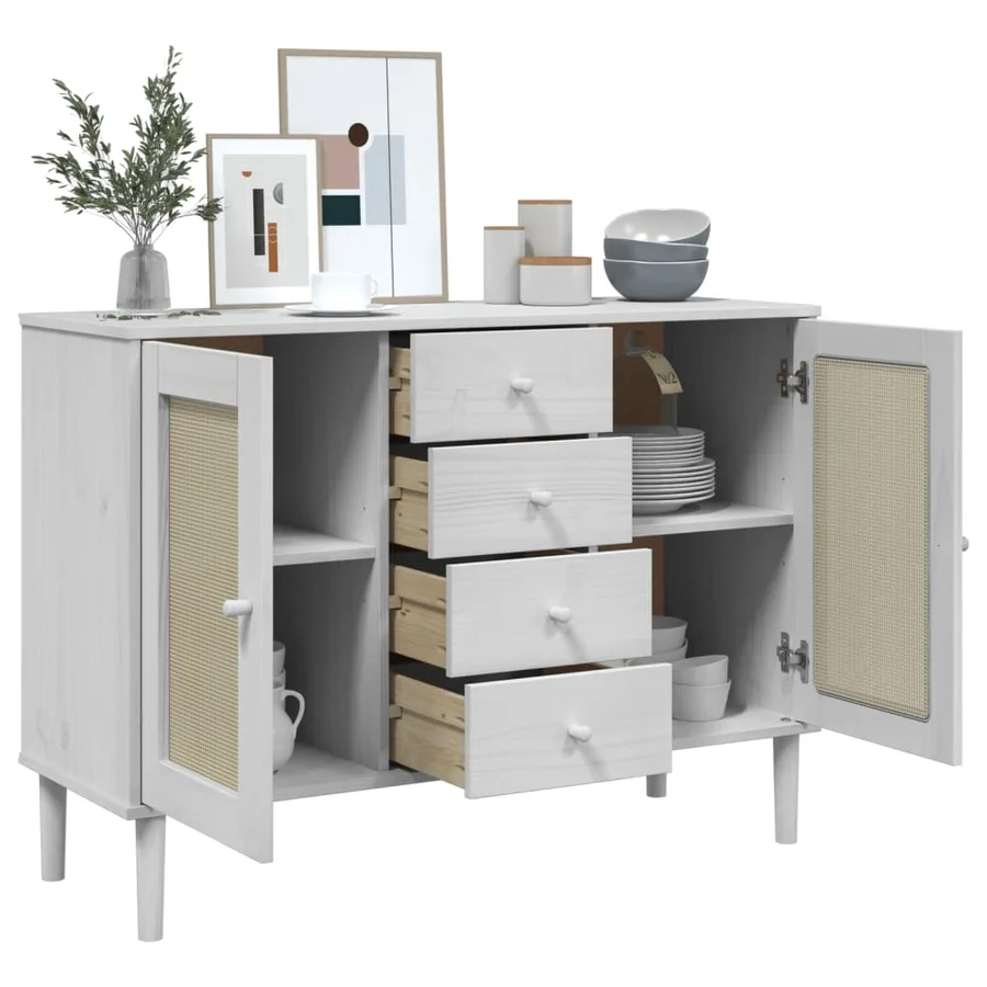 Buffet SENJA aspect rotin blanc 112x40x80cm bois massif de pin - 4
