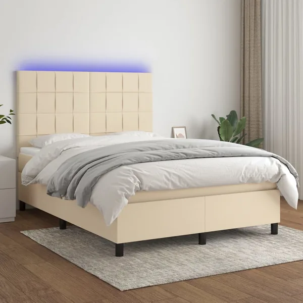 Sommier à lattes de lit et matelas et LED Crème 140x190cm Tissu