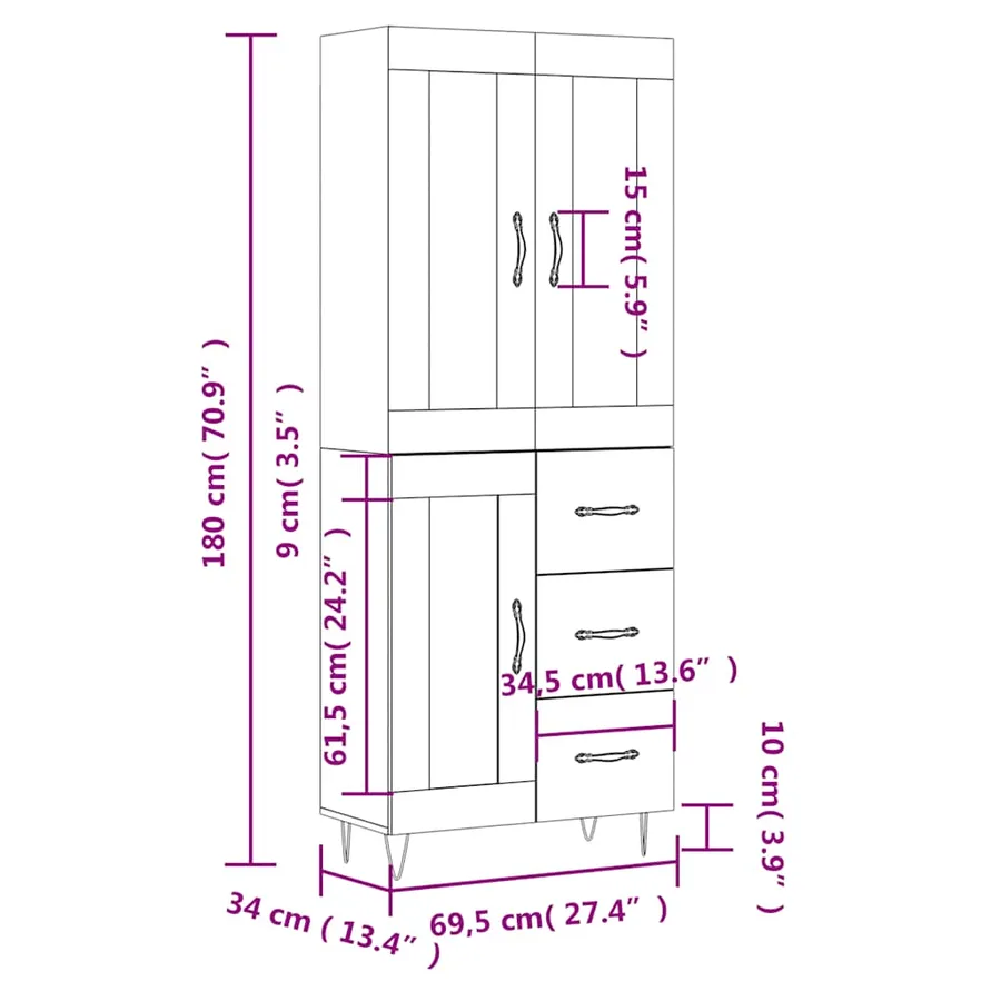 Buffet haut Blanc 69,5x34x180 cm Bois d'ingénierie - 14