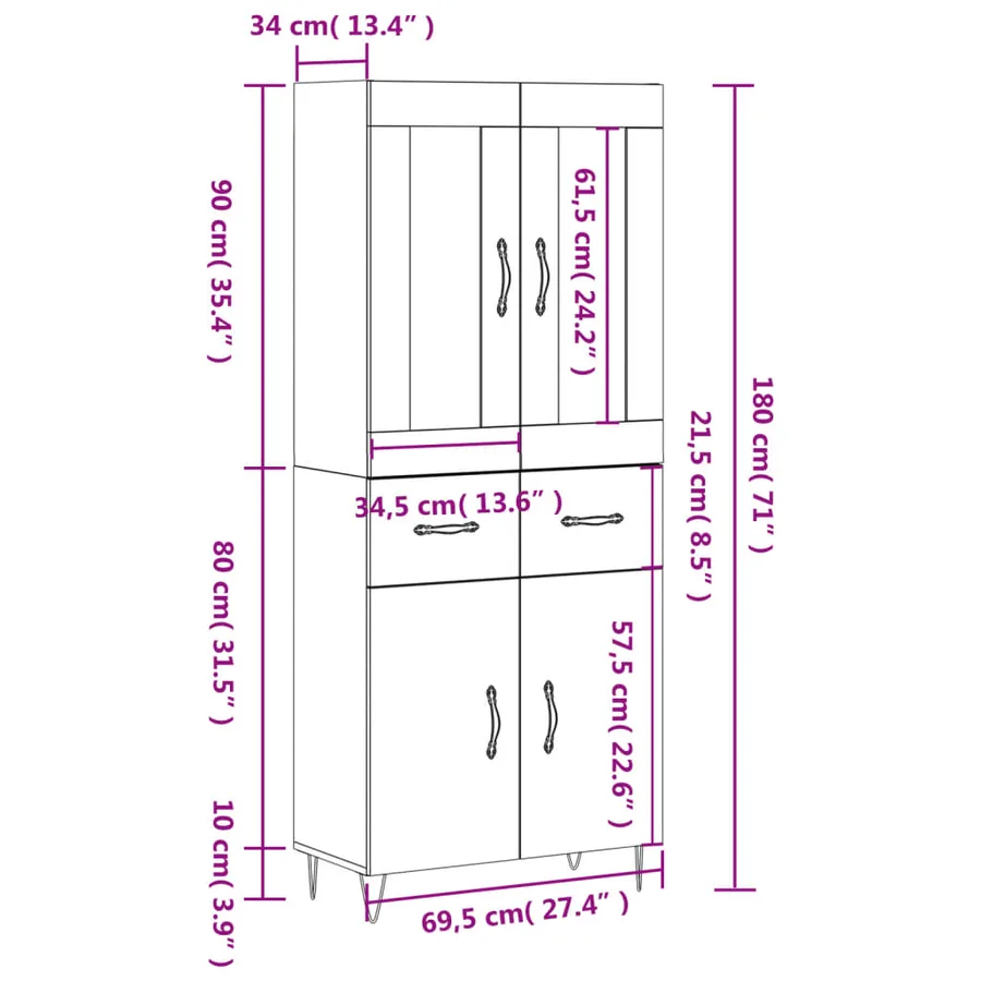 Buffet haut Blanc 69,5x34x180 cm Bois d'ingénierie - 14