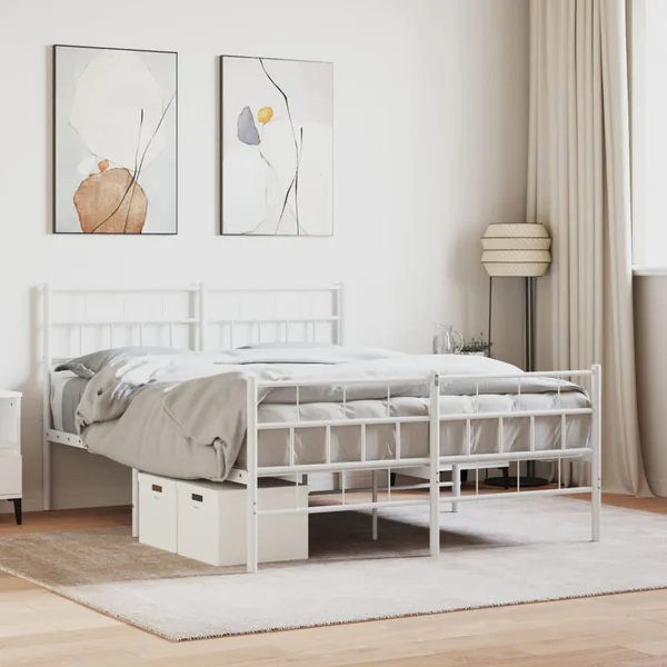 Cadre de lit métal sans matelas et pied de lit blanc 140x190 cm