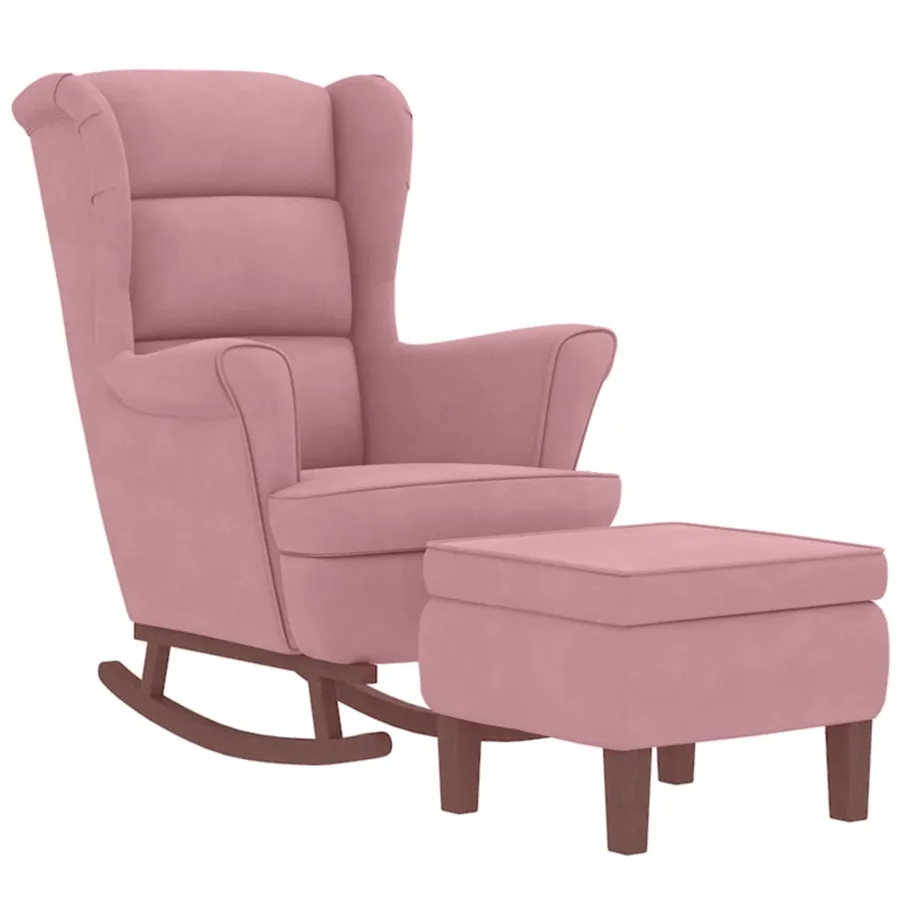 Fauteuil à bascule à oreilles en velours rose bois massif - 3