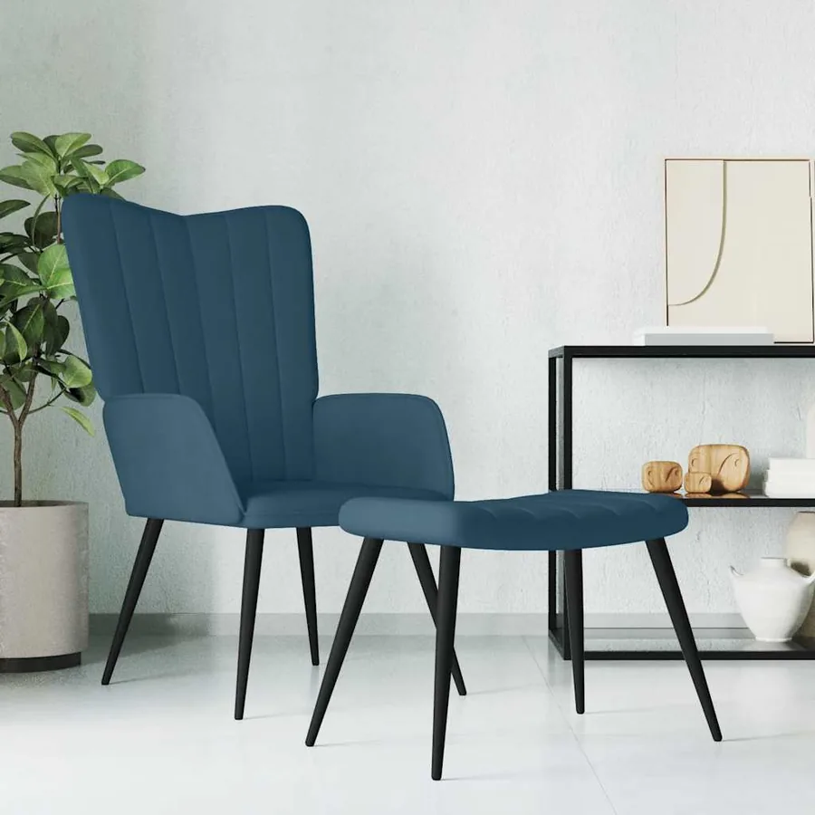 Chaise de relaxation avec tabouret Bleu Velours