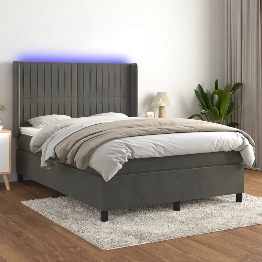 Sommier à lattes de lit matelas et LED Gris foncé 140x200 cm