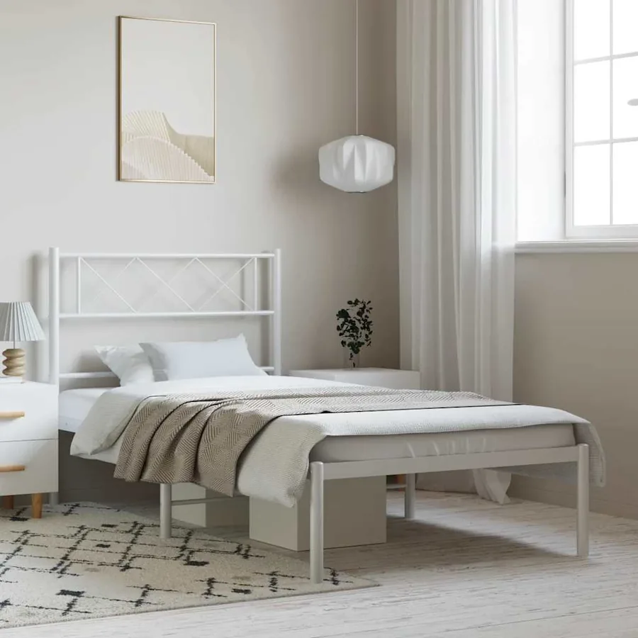 Cadre de lit métal sans matelas et tête de lit blanc 100x190 cm