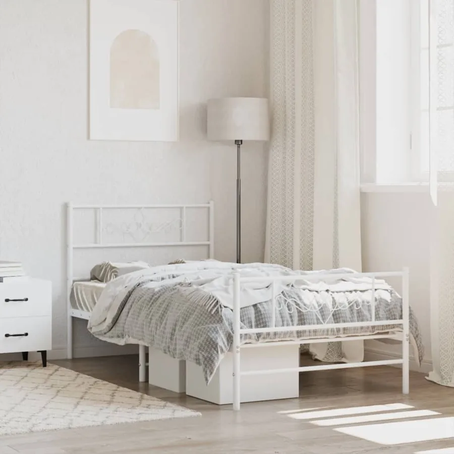 Cadre de lit métal sans matelas et pied de lit blanc 107x203 cm