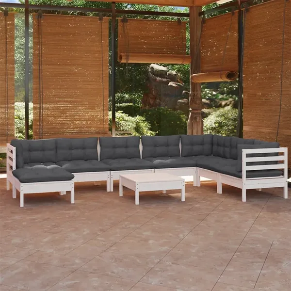 Salon de jardin 9 pcs avec coussins blanc bois de pin massif
