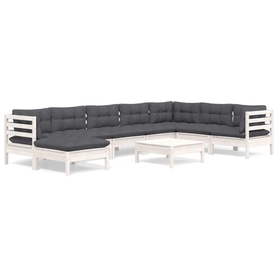 Salon de jardin 9 pcs avec coussins blanc bois de pin massif - 2