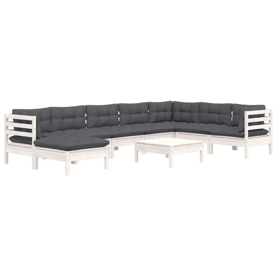 Salon de jardin 9 pcs avec coussins blanc bois de pin massif - 3