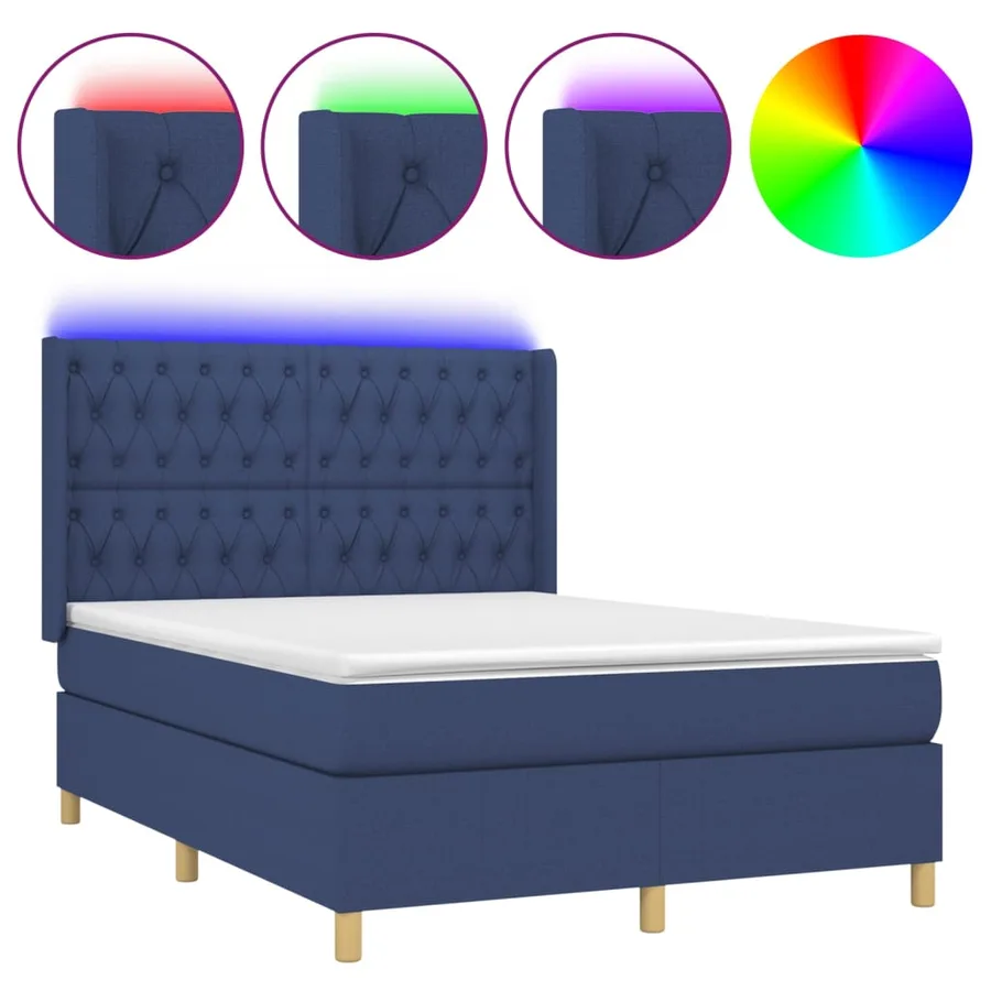 Sommier à lattes de lit matelas et LED Bleu 140x200 cm Tissu - 2
