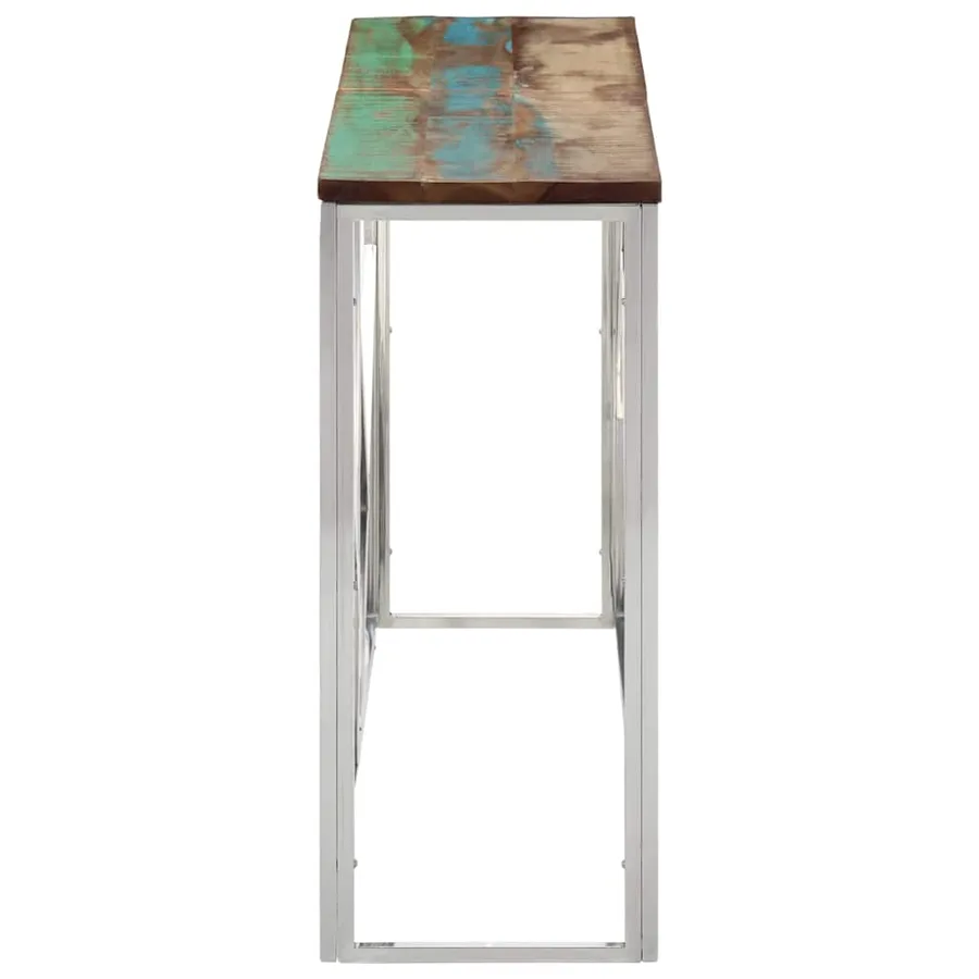 Table console argenté acier inoxydable/bois massif récupération - 3