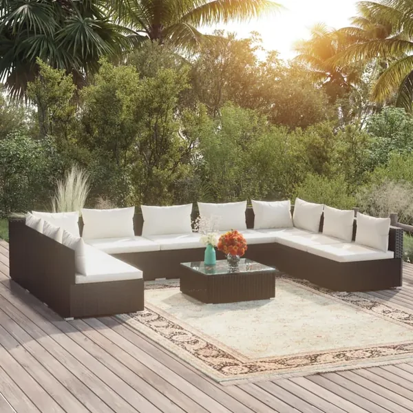Salon de jardin 10 pcs avec coussins Résine tressée Noir