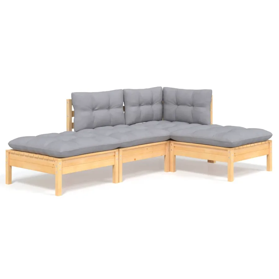 Salon de jardin 4 pcs avec coussins gris Bois de pin massif - 2