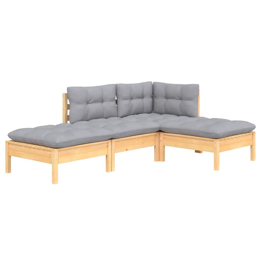 Salon de jardin 4 pcs avec coussins gris Bois de pin massif - 3
