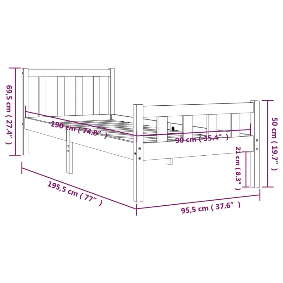 Cadre de lit sans matelas 90x190 cm bois massif - 9