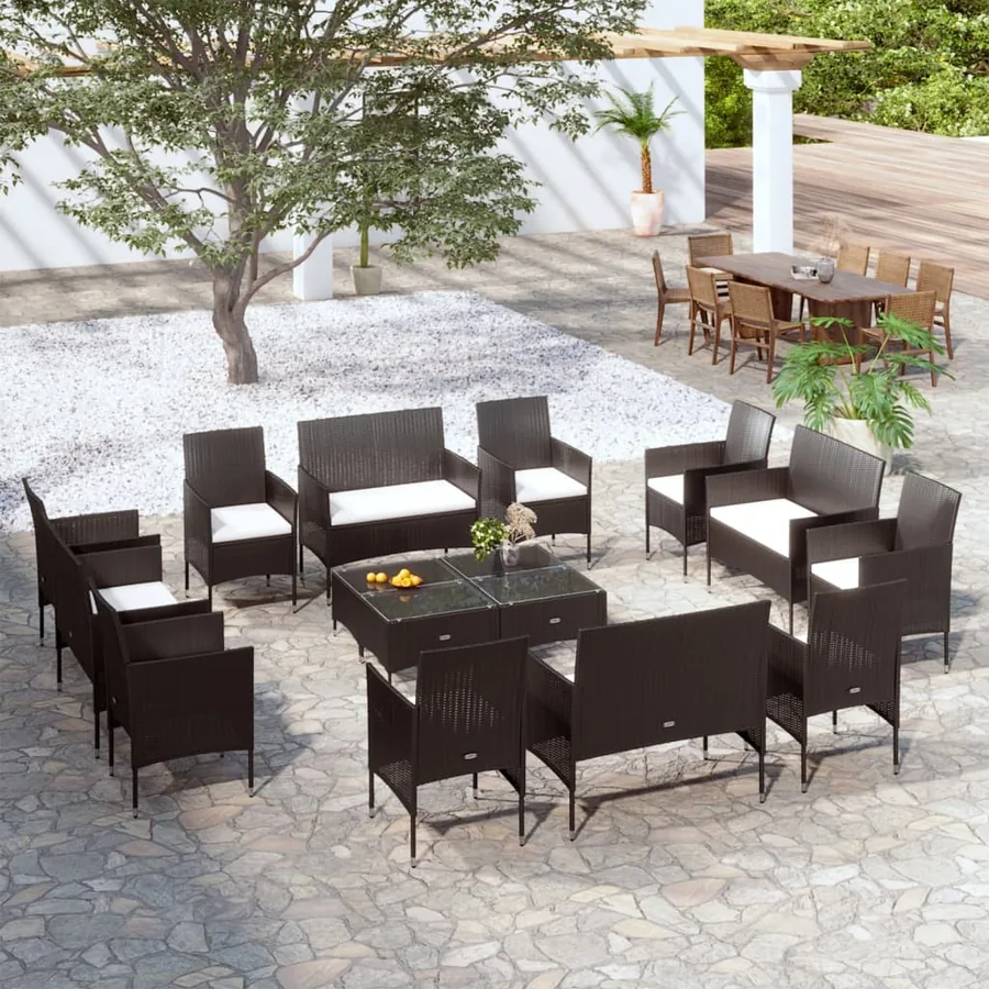 Salon de jardin 16 pcs avec coussins Résine tressée Noir