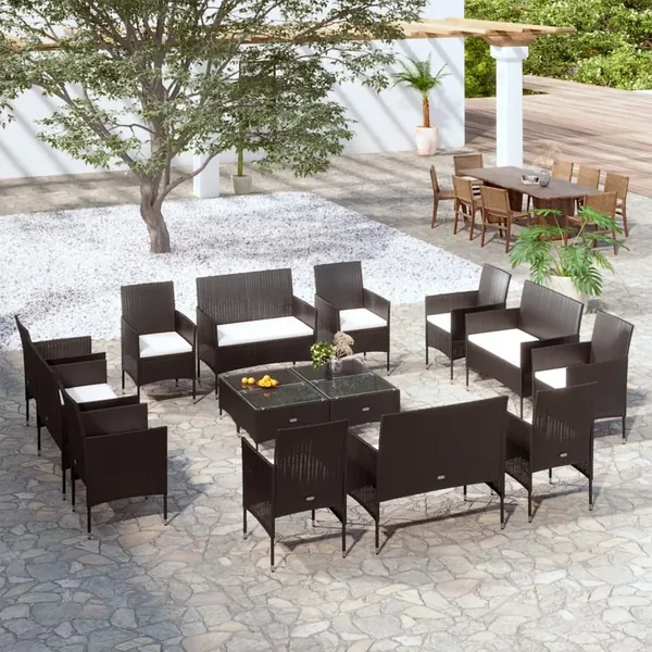 Salon de jardin 16 pcs avec coussins Résine tressée Noir