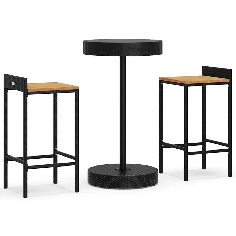 Ensemble de bar jardin 3 pcs noir poly rotin/bois massif acacia - 2