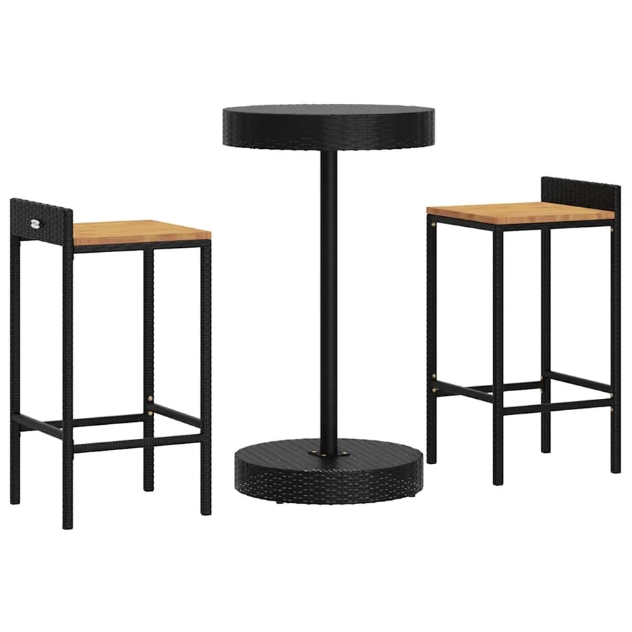 Ensemble de bar jardin 3 pcs noir poly rotin/bois massif acacia - 3