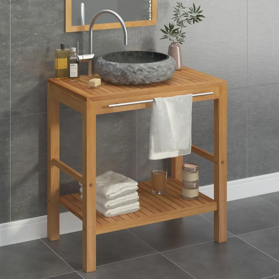 Armoire de toilette en teck solide avec lavabo en marbre Noir
