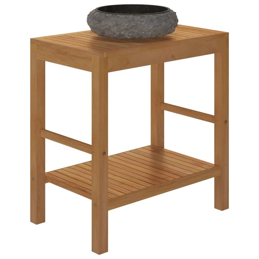 Armoire de toilette en teck solide avec lavabo en marbre Noir - 3