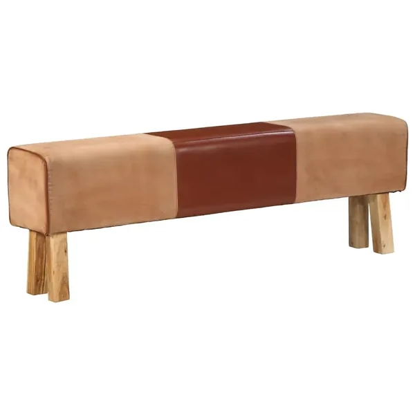 Banc saut de cheval 160 cm Marron Cuir véritable et bois acacia