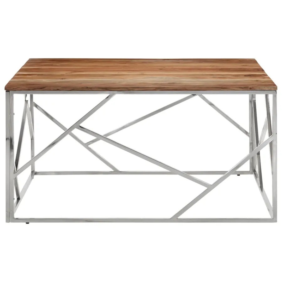 Table basse argenté acier inoxydable et bois massif d'acacia - 2