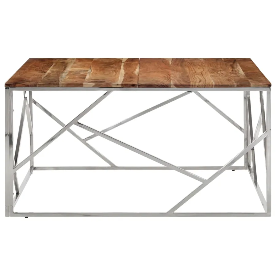 Table basse argenté acier inoxydable et bois massif d'acacia - 3