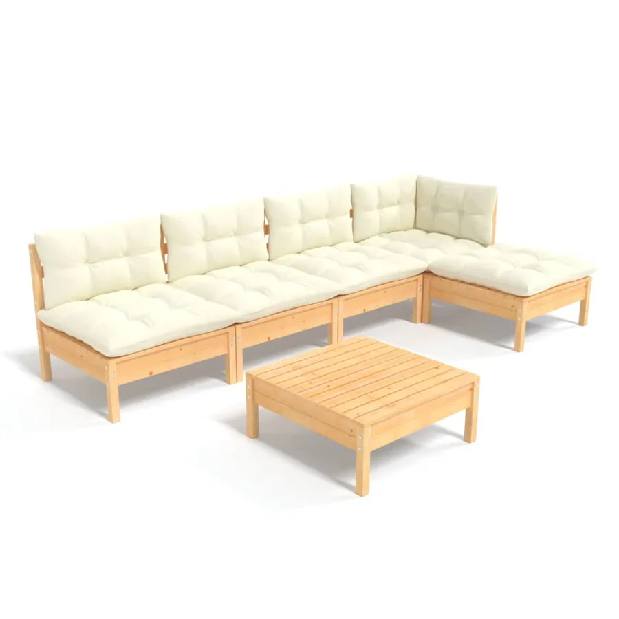 Salon de jardin 6 pcs avec coussins crème bois de pin - 2