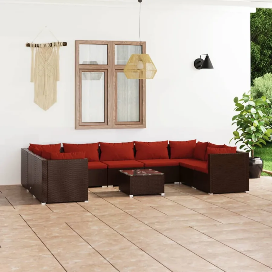 Salon de jardin 10 pcs avec coussins Résine tressée Marron