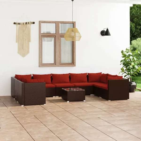 Salon de jardin 10 pcs avec coussins Résine tressée Marron