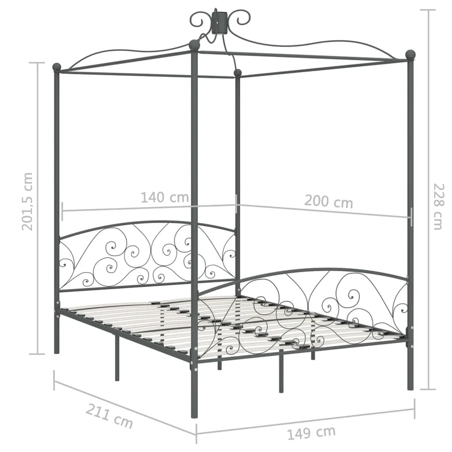 Cadre de lit à baldaquin sans matelas gris métal 140x200 cm - 6