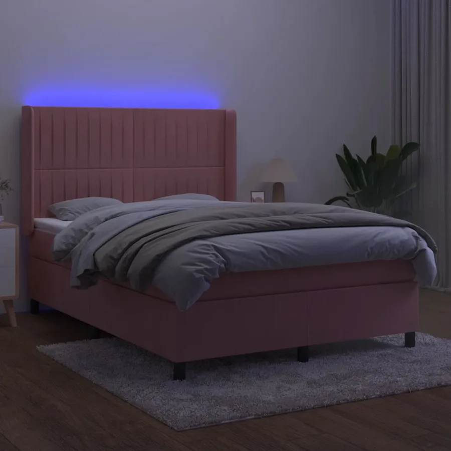 Sommier à lattes de lit matelas et LED Rose 140x200 cm Velours - 3
