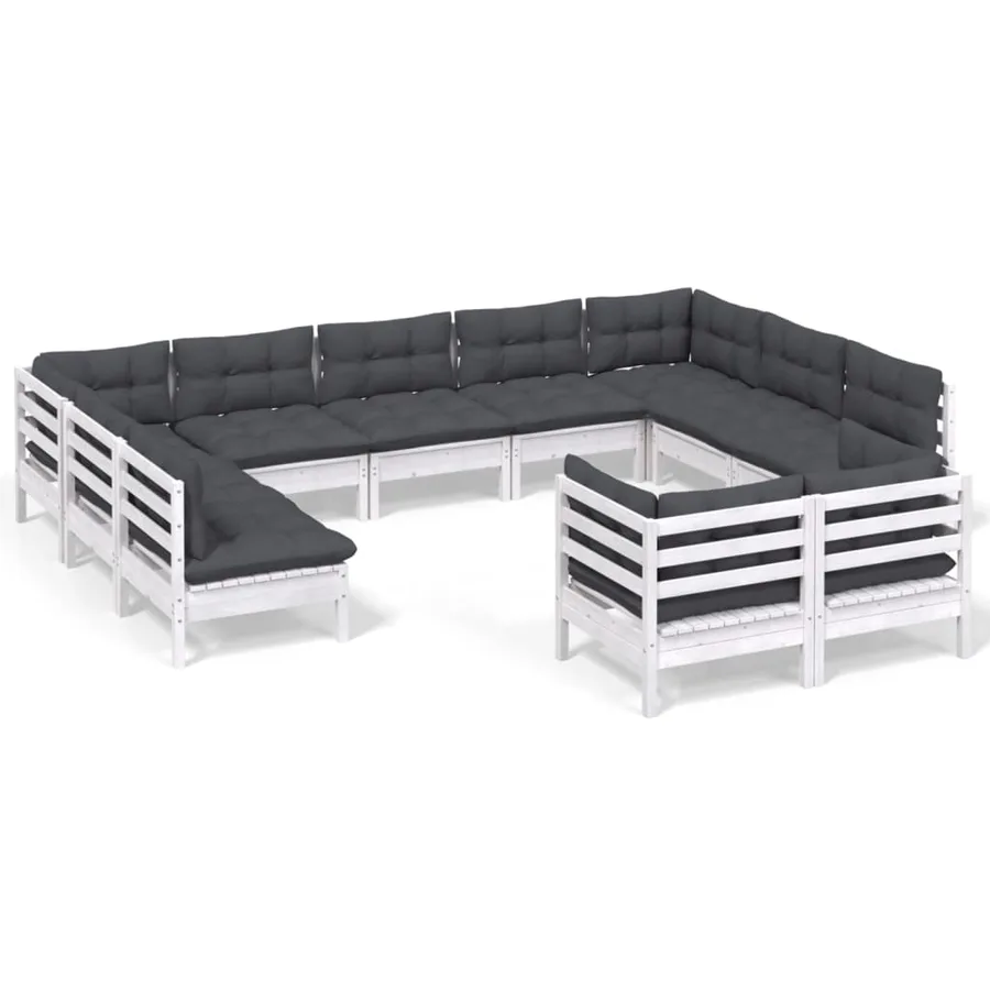 Salon de jardin 11 pcs avec coussins blanc bois de pin solide - 2