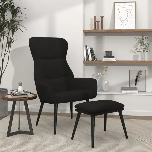 Chaise de relaxation avec tabouret Noir Tissu