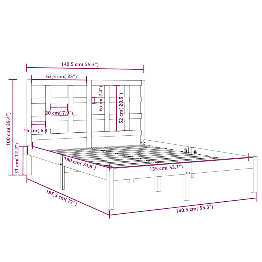 Cadre de lit sans matelas 135x190 cm bois massif - 6
