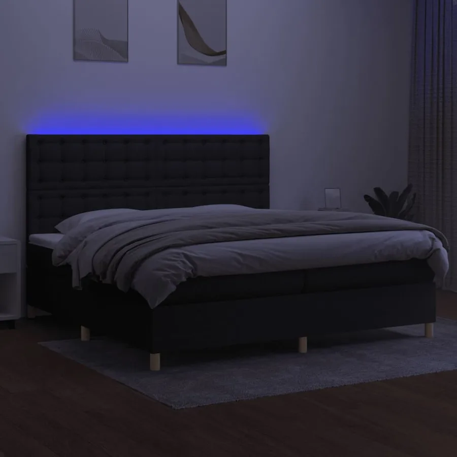 Sommier à lattes de lit et matelas et LED Noir 200x200 cm Tissu - 4