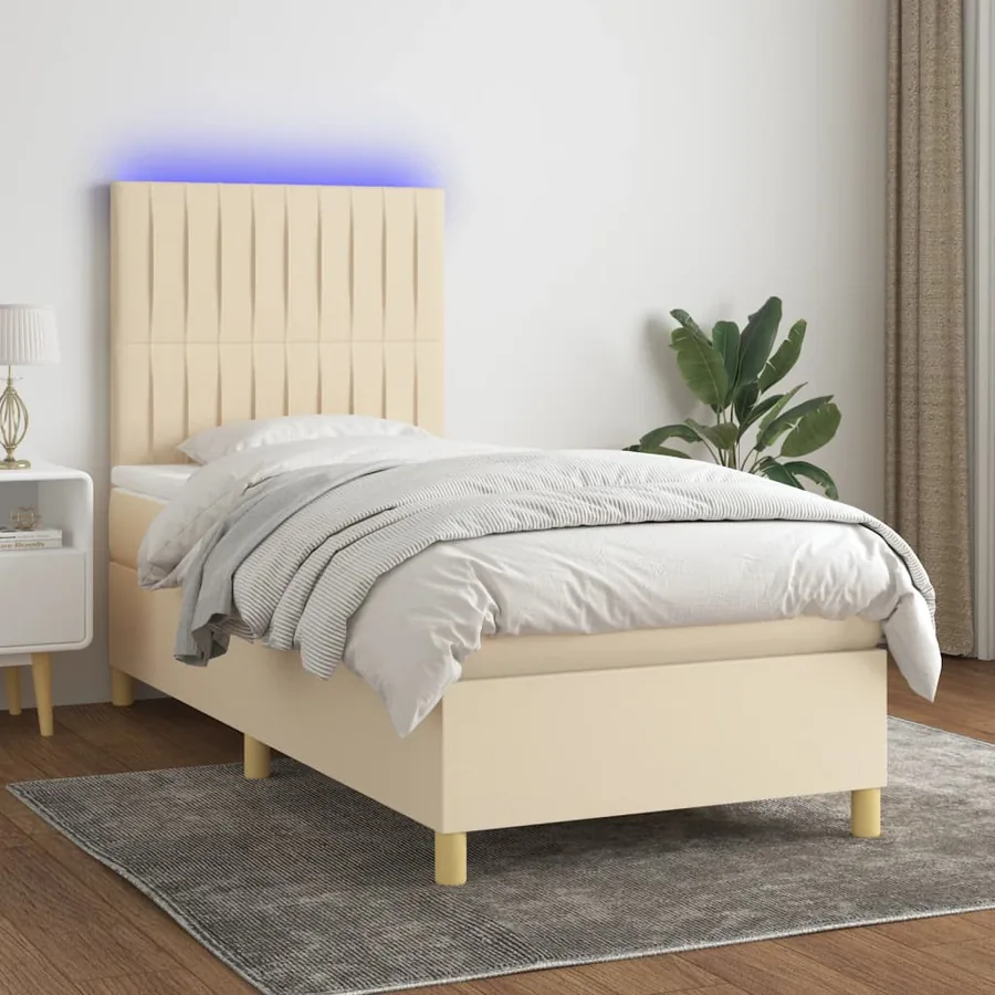 Sommier à lattes de lit et matelas et LED Crème 80x200cm Tissu