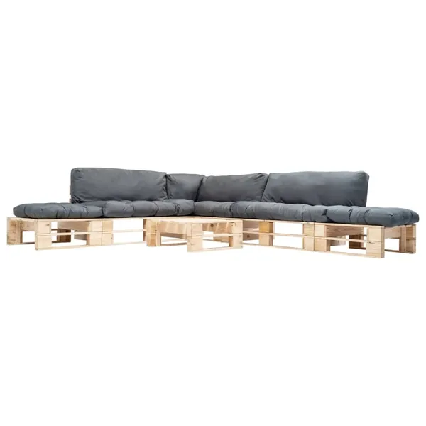 Salon de jardin palette 6 pcs avec coussins gris bois