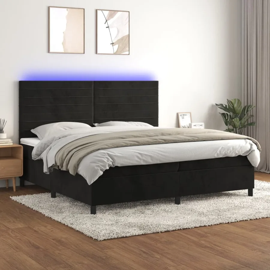 Sommier à lattes de lit avec matelas LED Noir 200x200cm Velours