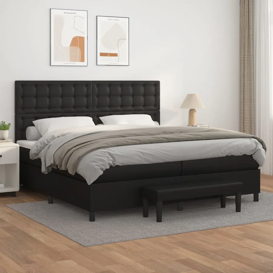Sommier à lattes de lit avec matelas Noir 200x200 cm Similicuir