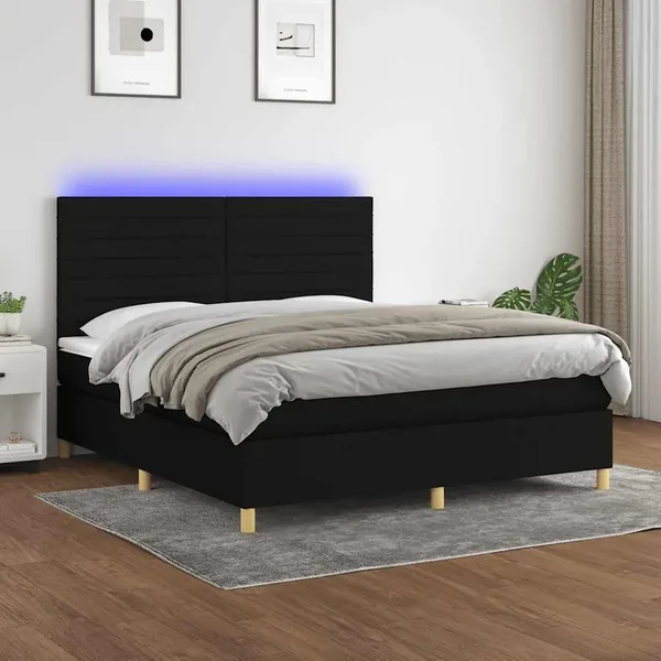 Sommier à lattes de lit et matelas et LED Noir 180x200 cm Tissu