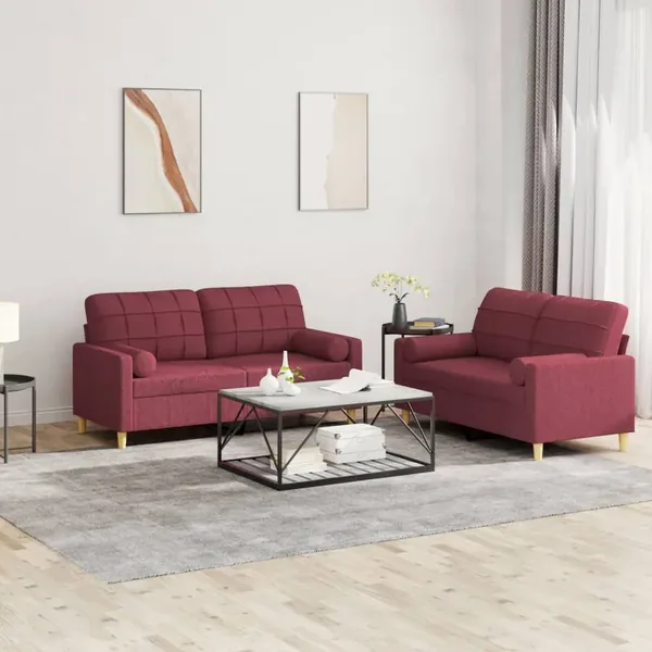 Ensemble de canapés 2 pcs avec coussins rouge bordeaux tissu