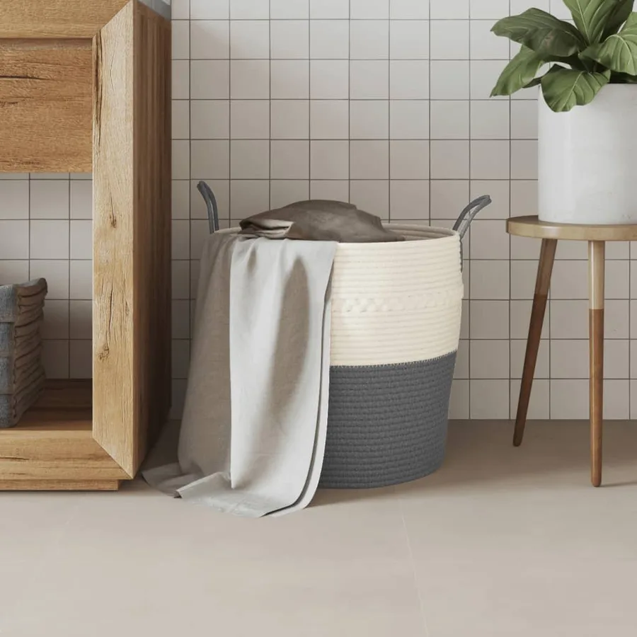Panier de rangement gris et blanc Ø43x38 cm coton - 3