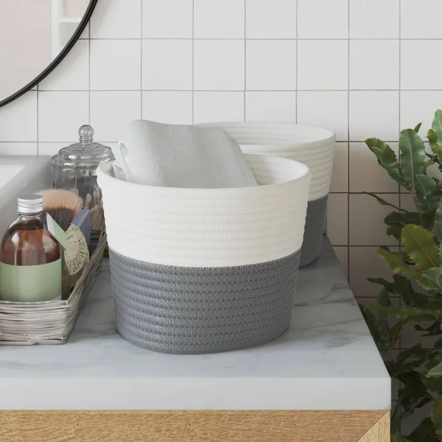 Paniers de rangement 2 pcs gris et blanc Ø24x18 cm coton - 3