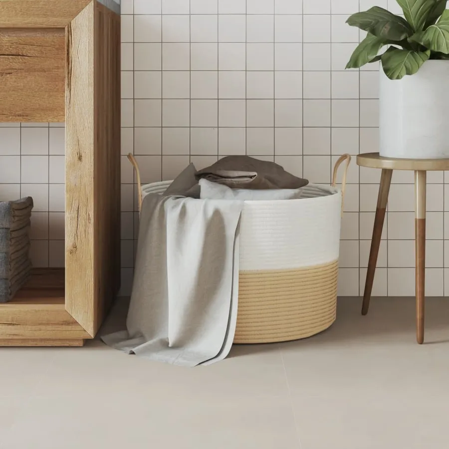 Panier de rangement beige et blanc Ø51x33 cm coton - 3