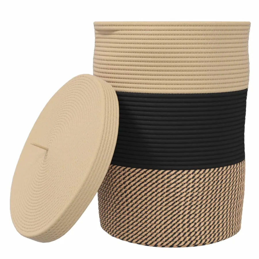Panier de rangement avec couvercle noir et beige Ø37x50cm coton - 2