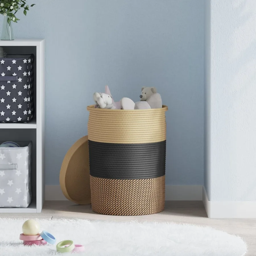 Panier de rangement avec couvercle noir et beige Ø37x50cm coton - 3